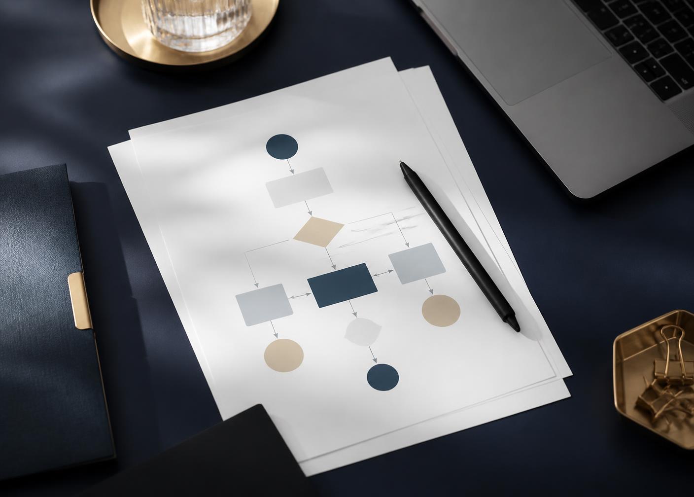 A design workspace with interface sketches and a laptop showing a business dashboard