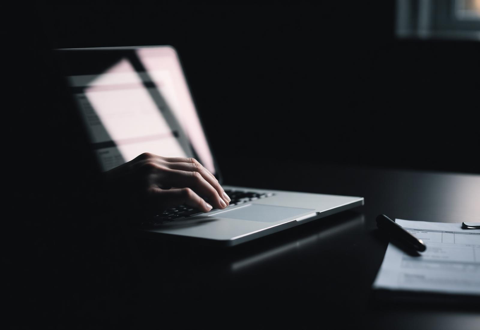 Hands typing on a laptop beside paperwork on a dark desk