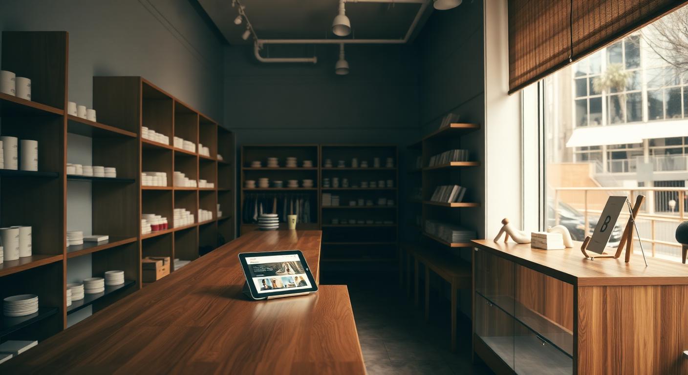 A shop owner restocking shelves