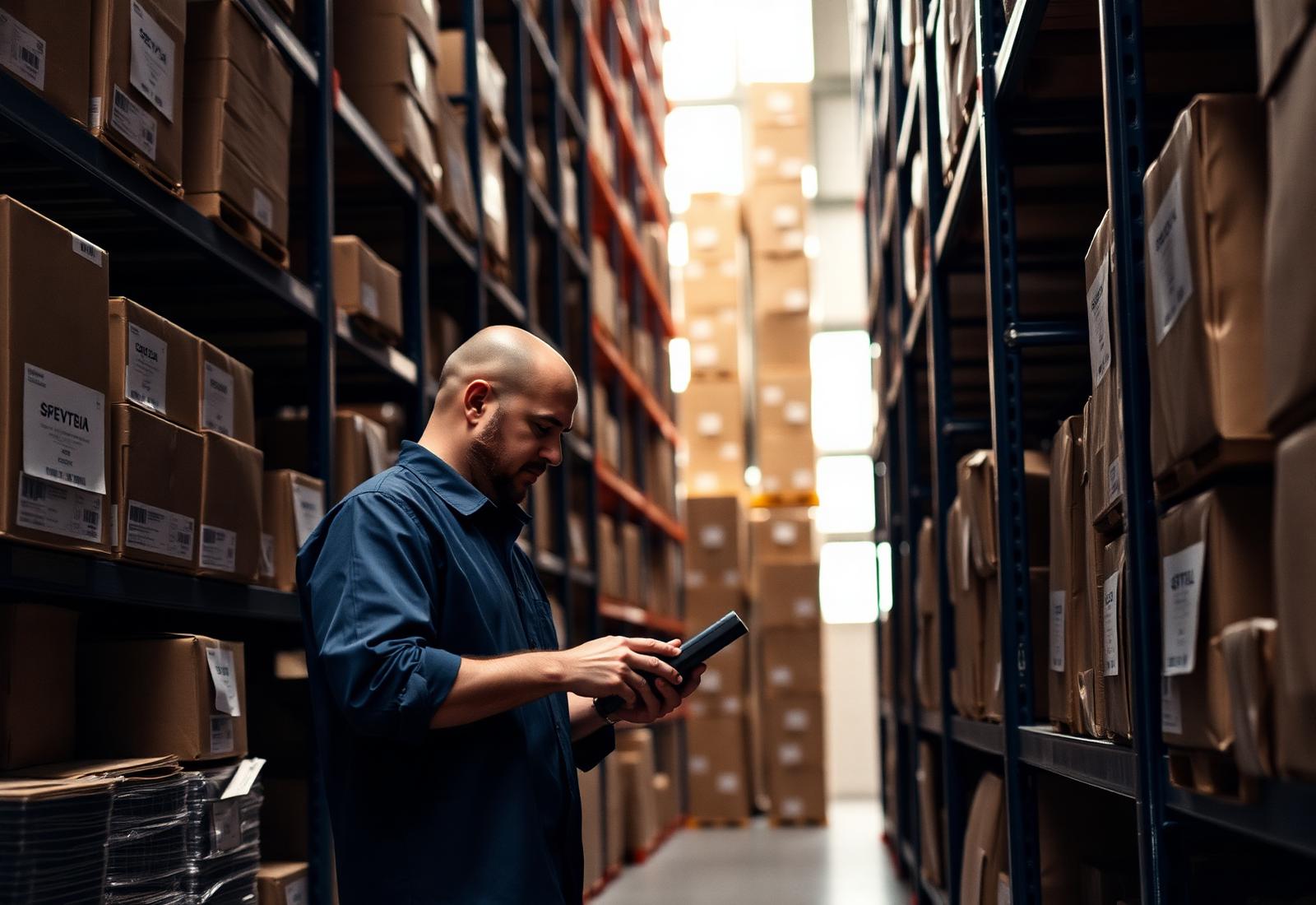 A warehouse operator checking stock with a handheld scanner between tall shelves